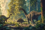 A peaceful encounter of various dinosaur species in a lush, vibrant prehistoric jungle environment