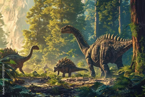 Obraz A peaceful encounter of various dinosaur species in a lush, vibrant prehistoric jungle environment