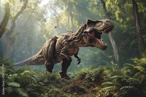 Ferocious Tyrannosaurus rex roaring in a sunlit prehistoric forest, surrounded by dense ferns.