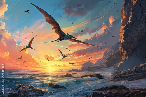 Pterosaurs gliding over ocean at sunset, against the vivid sky above rugged coastal cliffs © olga_demina