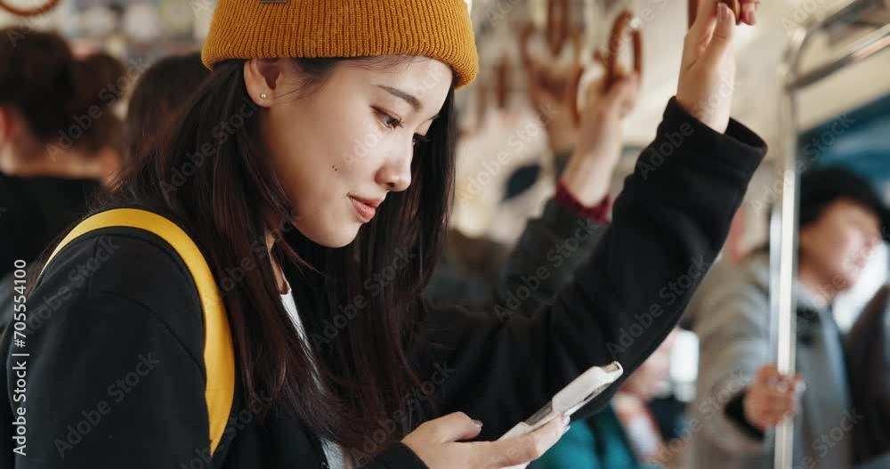Train, phone and Japanese woman for travel, commute and journey on metro transportation in city. Passenger, vehicle and person on smartphone for social media, internet and contact on public transport