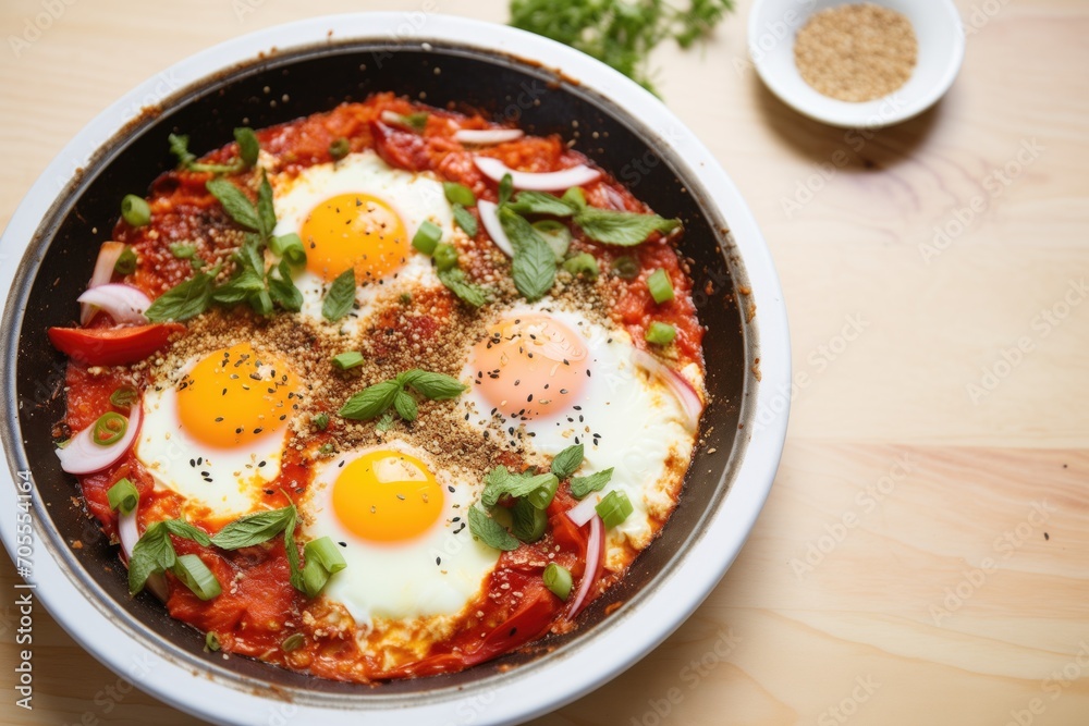 shakshuka in a deep dish, sprinkled with sesame seeds