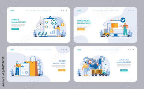 Logistics and Inventory Management web or landing page set. A comprehensive suite of operational tools for energy, warehouse, order, and logistics management. Flat vector illustration.