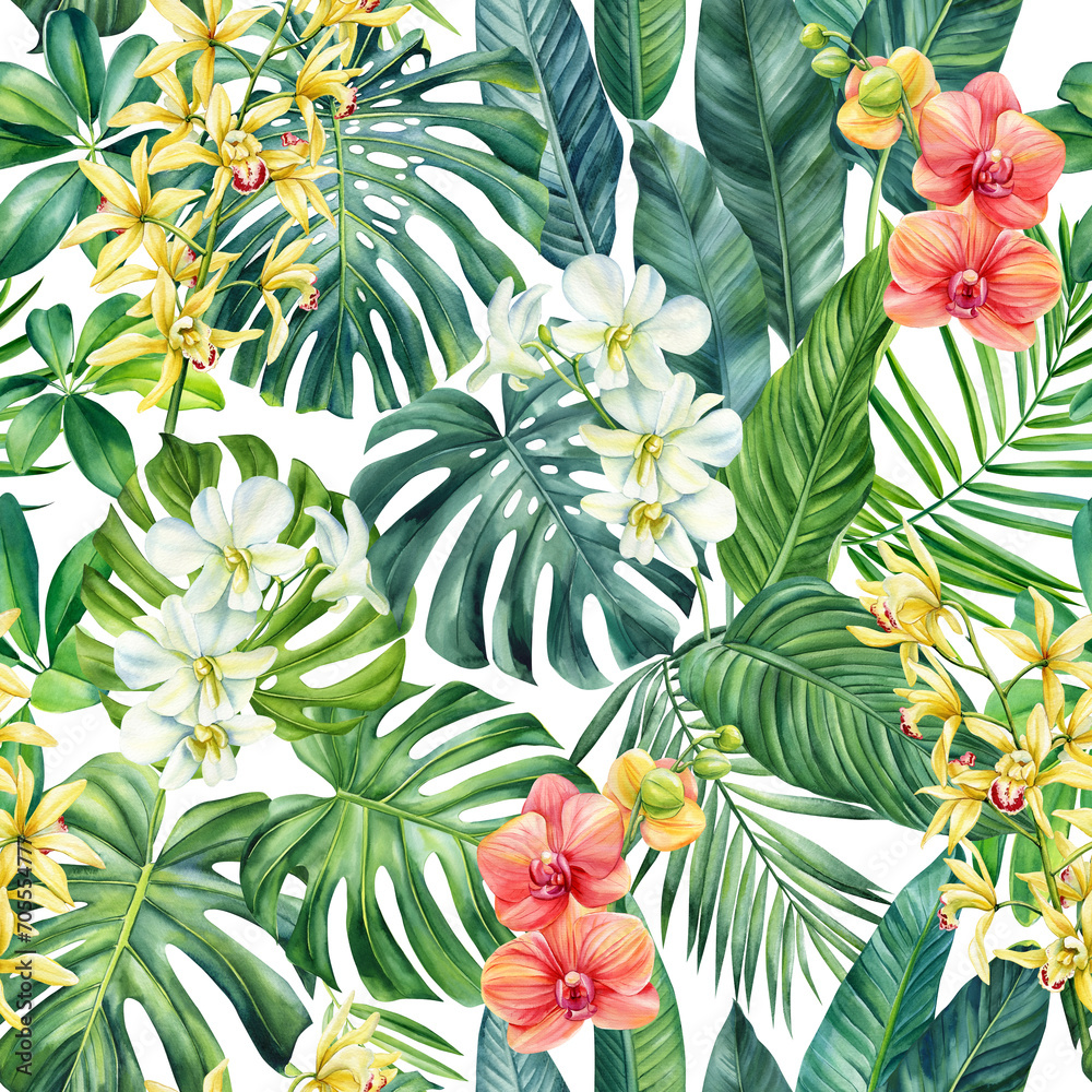 Seamless floral pattern orchid flowers, green palm leaf. Watercolor Tropical flora background. Wallpaper, exotic plant Seamless floral pattern orchid flowers, green palm leaf. Watercolor Tropical flora background. Wallpaper, exotic plant
