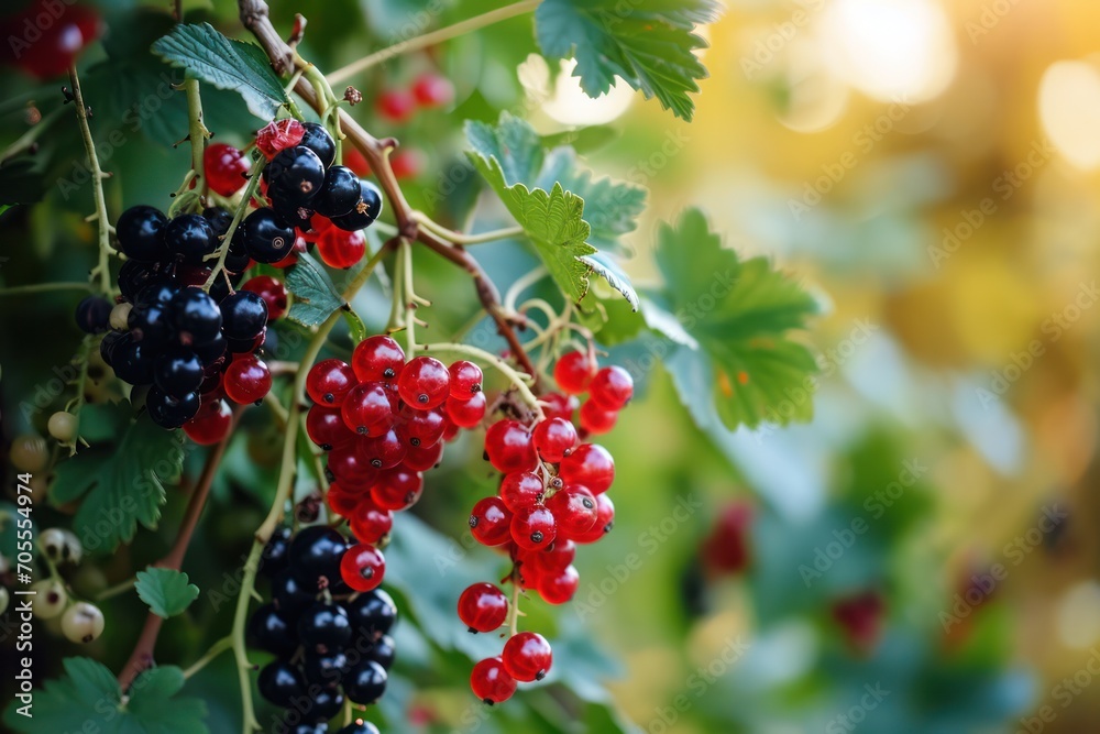 Sun-kissed black and red currants hanging on a branch, ready for harvest