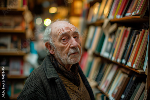 a portrait of a older man in a bookshop in París