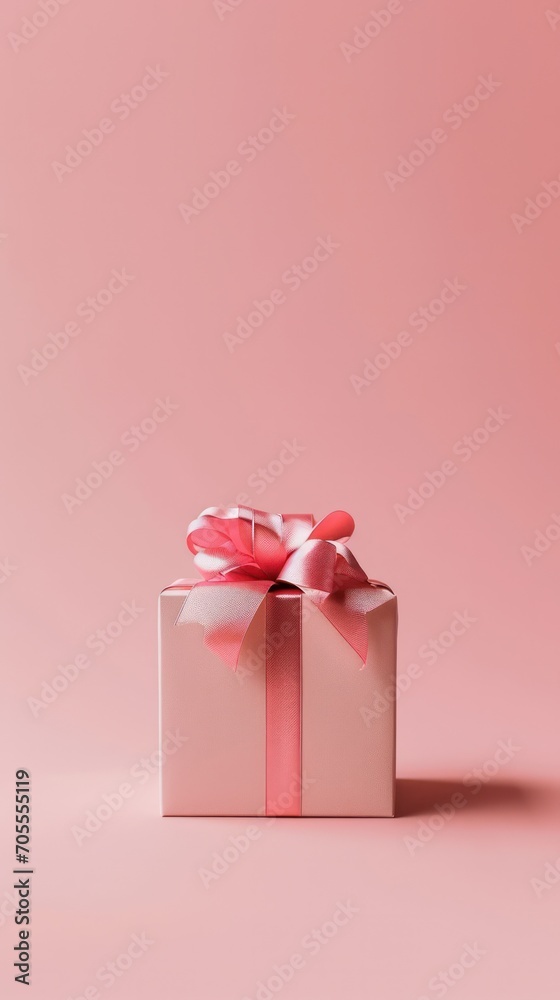 Obraz premium Elegant gift box with pink ribbon on a soft pink background, minimalistic and festive