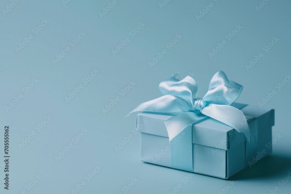 Obraz premium Modern blue gift box with a shimmering ribbon on a matching cool-toned background