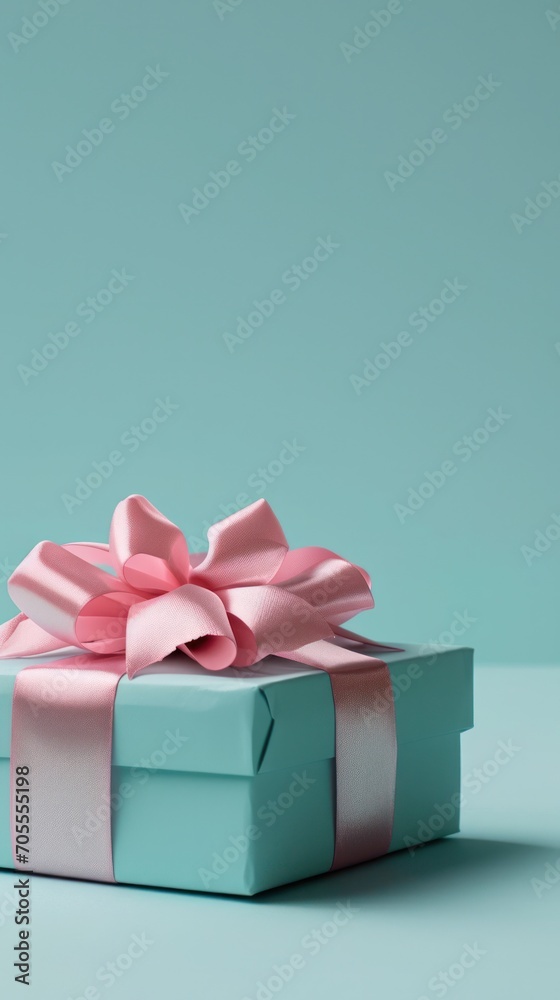 Obraz premium Stylish mint gift box with a soft pink ribbon on a pastel blue background, modern appeal