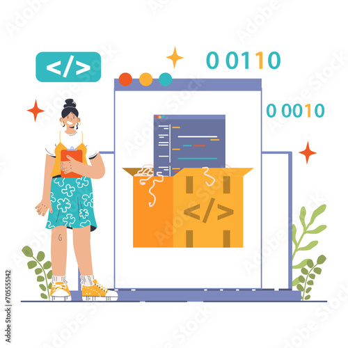 Open source. Software with code available for use, modification, and distribution. Collaborative free accessible software. Flat vector illustration