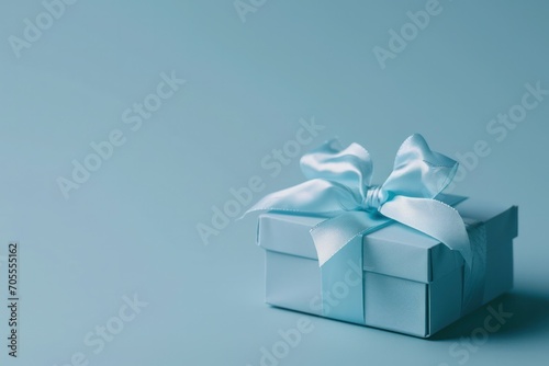 Modern blue gift box with a shimmering ribbon on a matching cool-toned background
