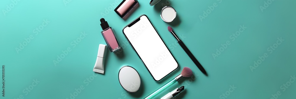 Top view of a mobile phone and cosmetic products for beauty shopping app concept - obrazy, fototapety, plakaty 
