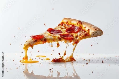 Gravity-defying pizza slice cheese dripping and pepperoni, crispy crust on reflective surface