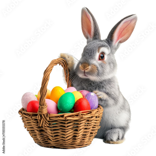 Easter bunny or rabbit or hare with basket of colored eggs, celebrates Happy easter © Zaleman