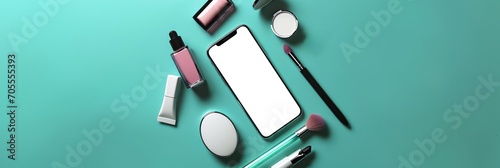Top view of a mobile phone and cosmetic products for beauty shopping app concept