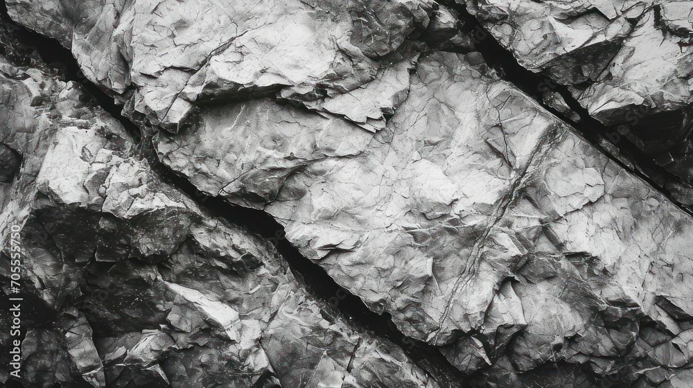 Black and white rough stone mountain surface with cracks creates a rock texture background. Textured monochrome rock background with ample space for design Black and white rough stone mountain surface with cracks creates a rock texture background. Textured monochrome rock background with ample space for design