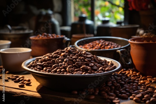 Roasted coffee beans close-up in dishes . Colombian coffee