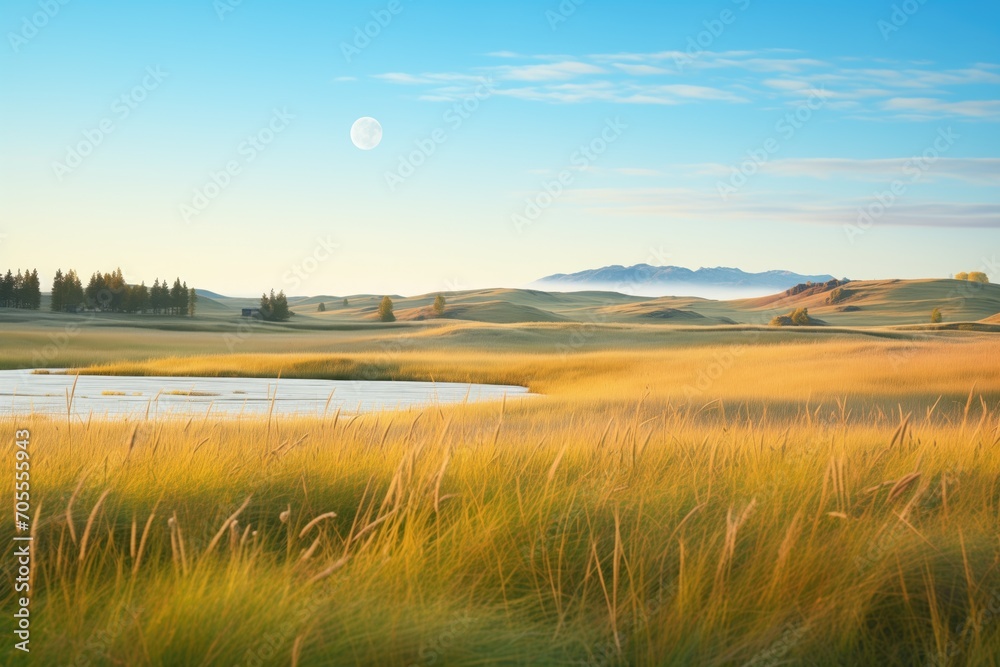 Fototapeta premium moonrise over tranquil, undisturbed grassland terrain