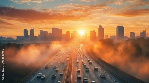 misty city from air pollution in the morning sunrise. photo