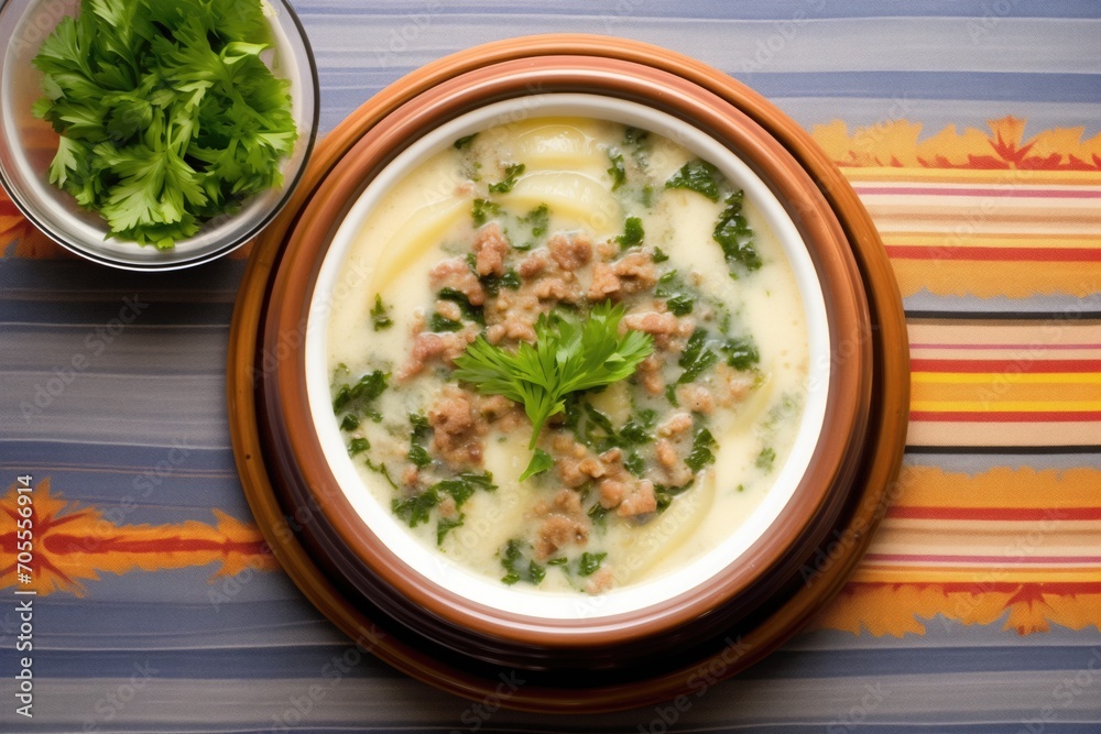 zuppa toscana garnished with whole sausage, top view