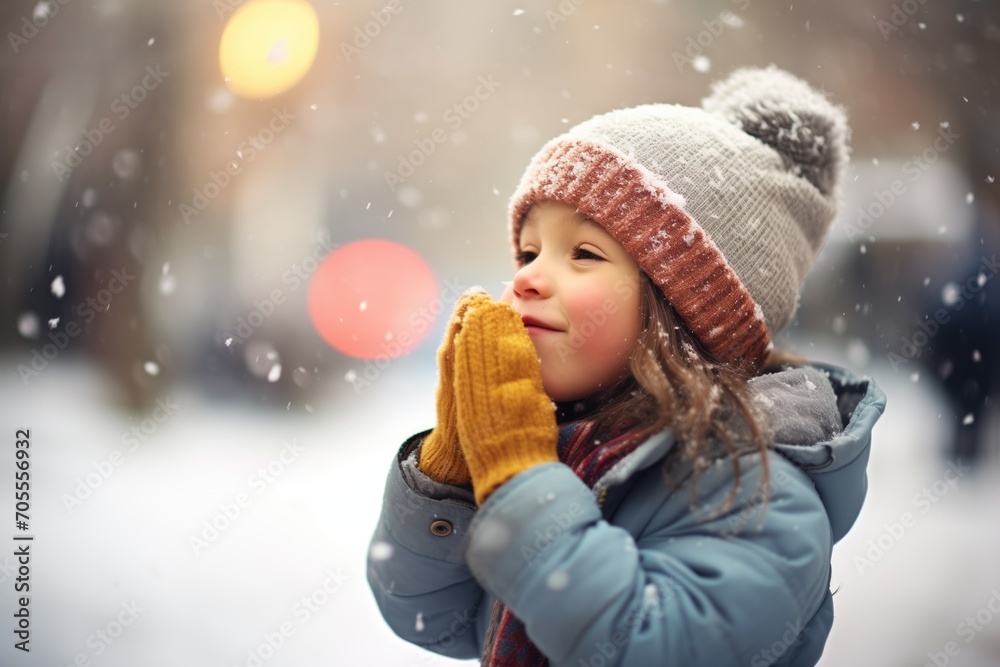 young girl blowing snow off her hands young girl blowing snow off her hands