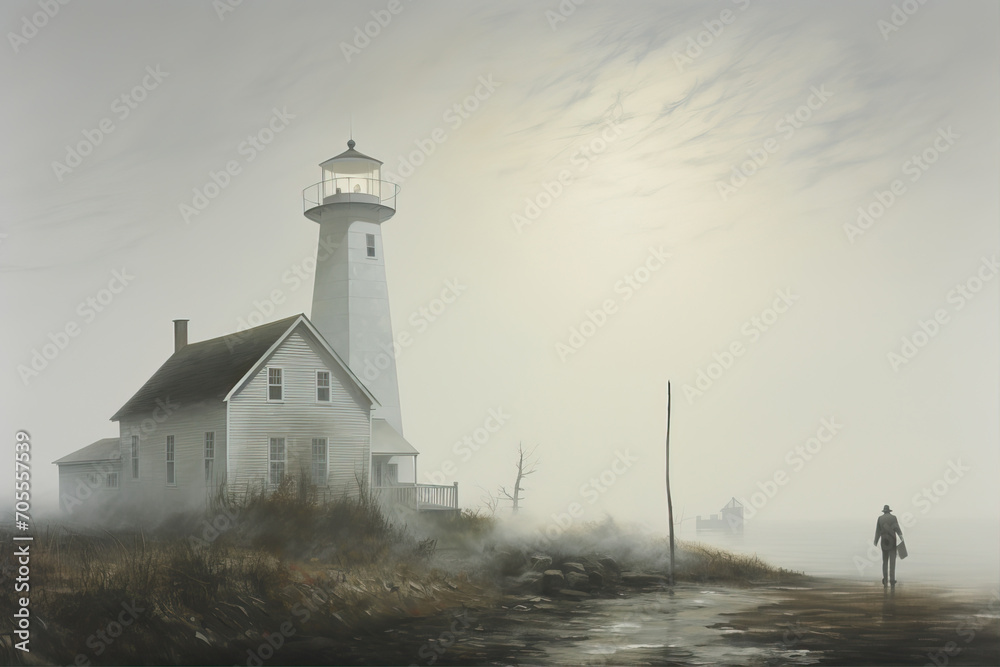 House with a lighthouse in the fog
House with a lighthouse in the fog