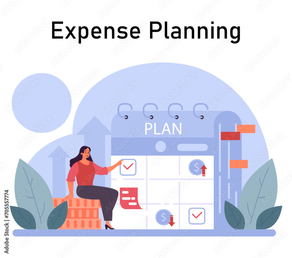 Naklejka premium Financial planning. Personal and family budget development, expense management. Investing money. Financial well-being. Flat vector illustration