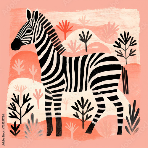 Stylized drawing of a zebra on a pink background 