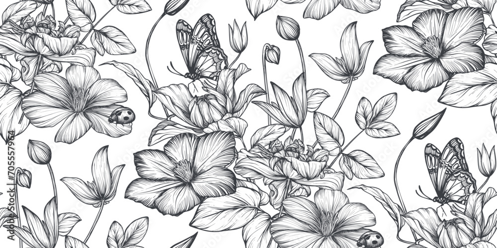 Fototapeta premium Beautiful hand drawn vector seamless pattern with black and white garden flowers, clematis, hydrangea, begonia
