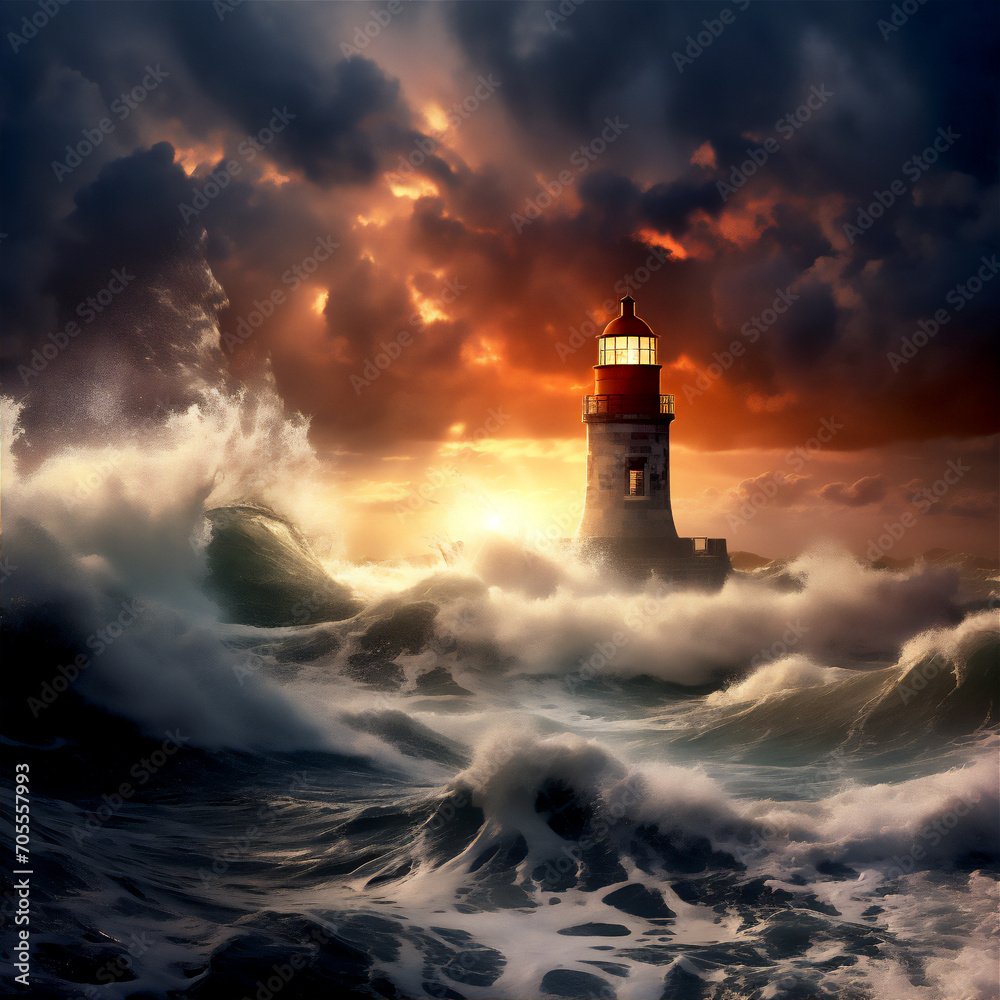 lighthouse in the storm at sunset