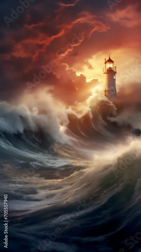 lighthouse in the storm at sunset