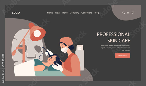 Acne treatment web banner or landing page dark or night mode. Dermatology and cosmetology diagnosis. Healthy facial skin tips. Blackheads and pimples treatment process. Flat vector illustration