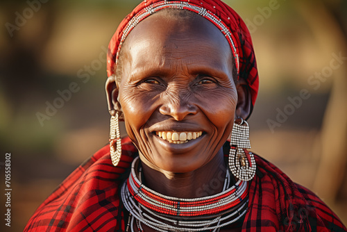 closeup of an african masai woman dressed in red plaid dress