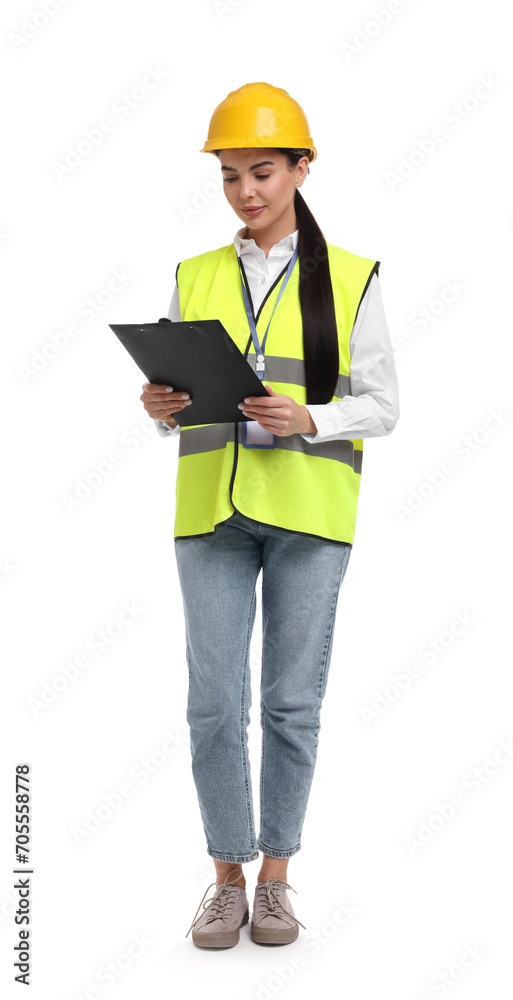 Engineer in hard hat holding clipboard on white background Engineer in hard hat holding clipboard on white background