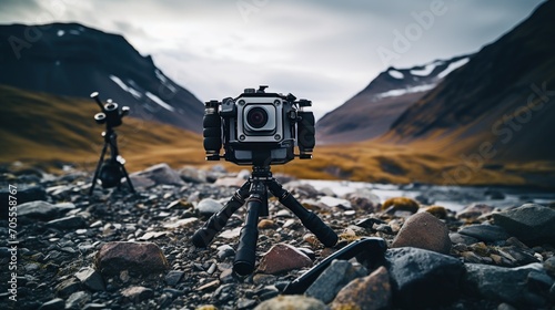 A high-tech professional camera on a tripod ready to capture the breathtaking mountain scenery. 