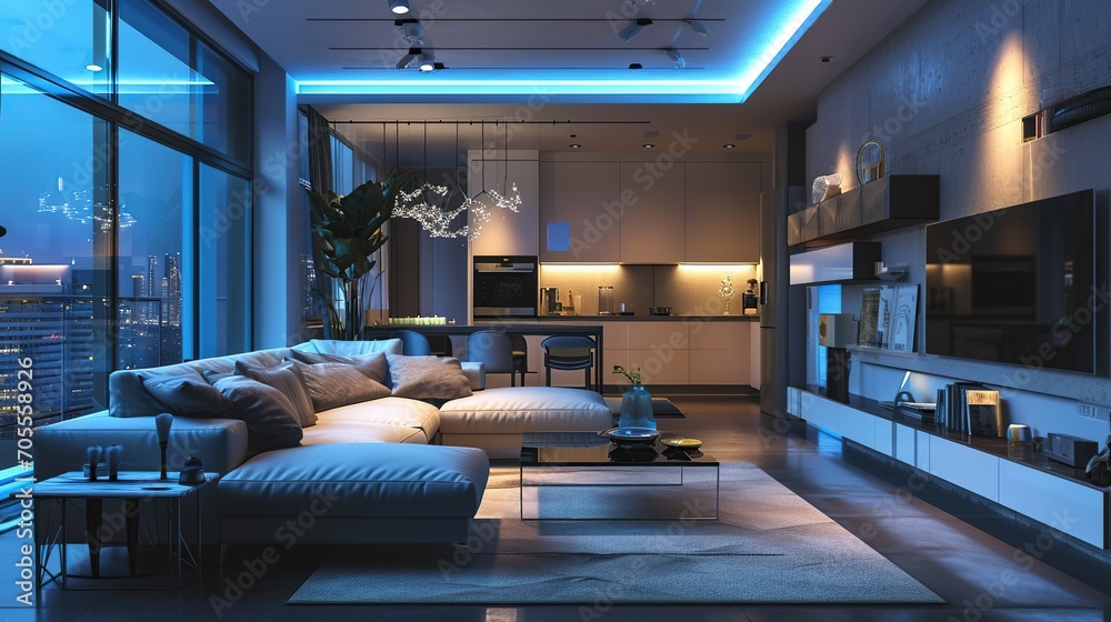 An elegantly designed modern living room at night, showcasing blue mood lighting and a stunning cityscape through large windows.
 - obrazy, fototapety, plakaty 