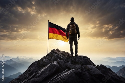 silhouette of a person standing on the top of the mountain, resolute man proudly waves german flag amidst the triumph of conquering the snowy,  peak conqueror