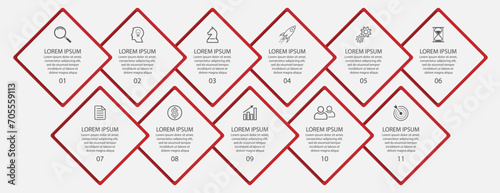 infographic business design 11 parts or steps, there are icons, text and numbers, square designs and thin colored lines that are interconnected for your diagram, banner and business workflow