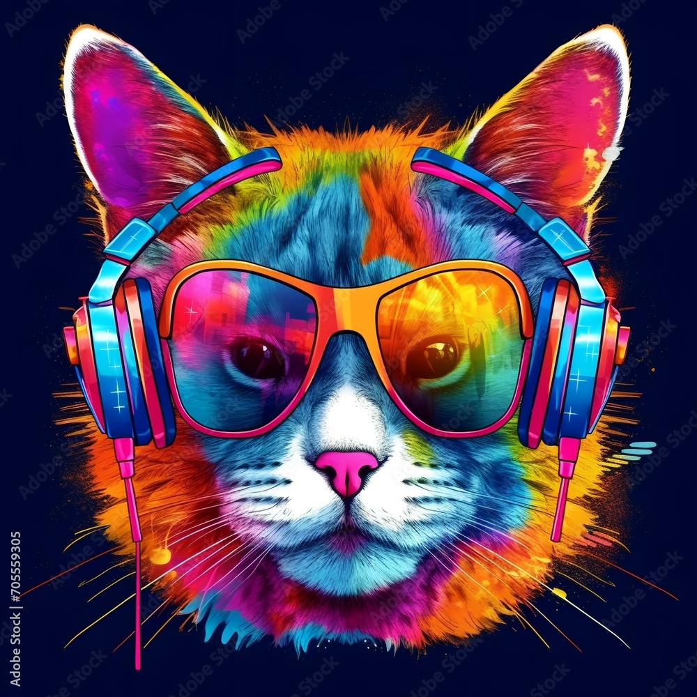 Music Cat with Colorful Sunglasses and Headphones

