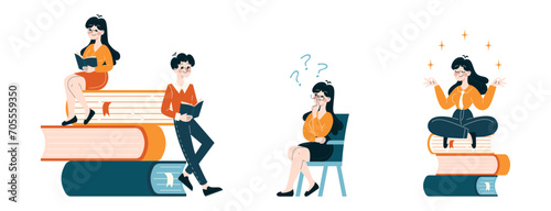Knowledge Growth set. Individuals engrossed in reading, pondering, and meditating atop a pile of books. Lifelong learning and idea development. Flat vector illustration