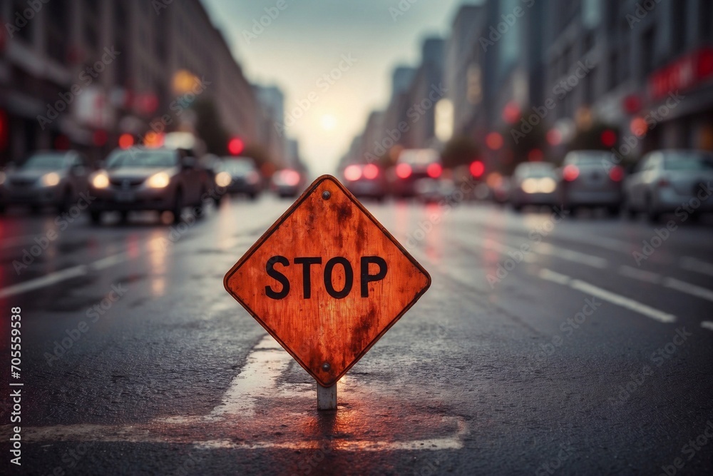 vibrant stop sign protrudes from chaotic traffic, emblematic of urban transit hal, traffic sign on the street in night, metropolitan deadlock - obrazy, fototapety, plakaty 