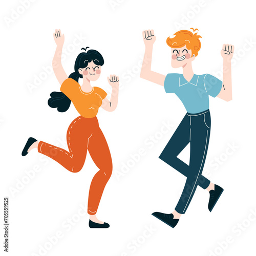 Workplace celebration concept. A pair of employees exuding joy with raised arms and cheerful gestures. Sharing success and happiness at work. Flat vector illustration