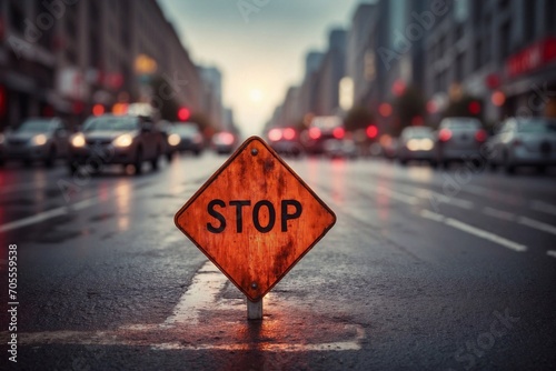 vibrant stop sign protrudes from chaotic traffic, emblematic of urban transit hal, traffic sign on the street in night, metropolitan deadlock photo