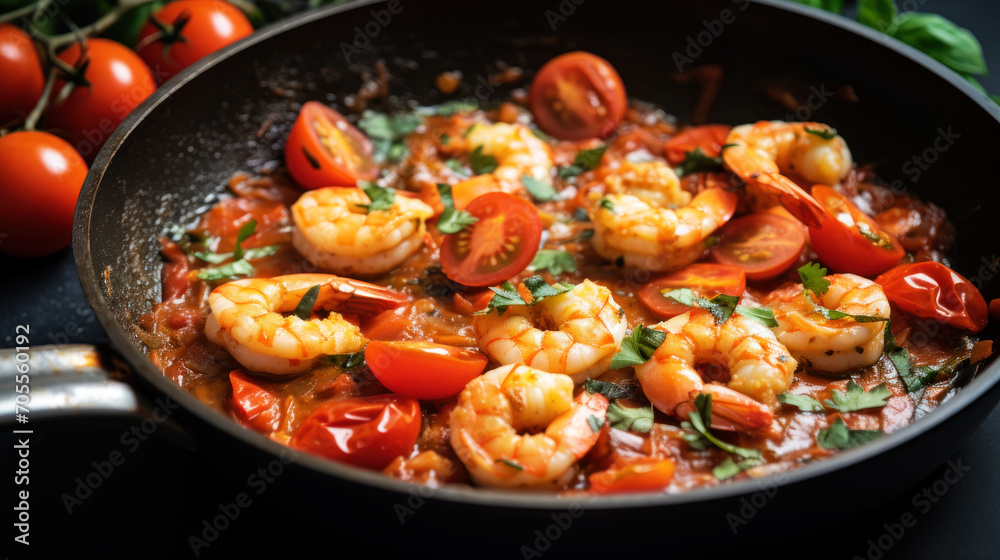 Shrimps sauteed with tomatoes, herbs and garlic in olive oil in a black frying pan.