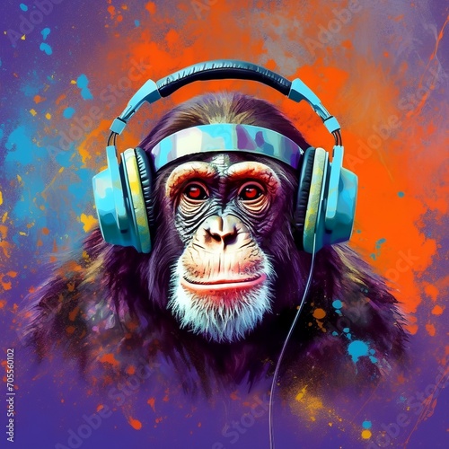 Portrait of a Monkey with Headphones on a Colorful Background