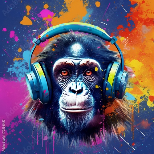 Portrait of a Monkey with Headphones on a Colorful Background