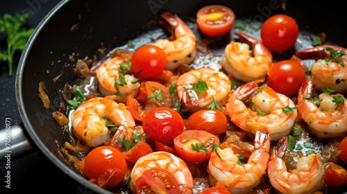 Shrimps sauteed with tomatoes, herbs and garlic in olive oil in a black frying pan.