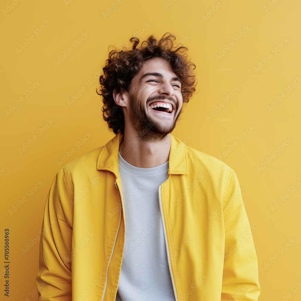 Young, joyful man smiling on a yellow background

