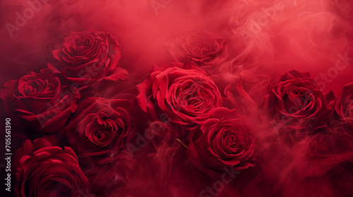 Close up shot of red garden roses with red smoke  festive greeting card