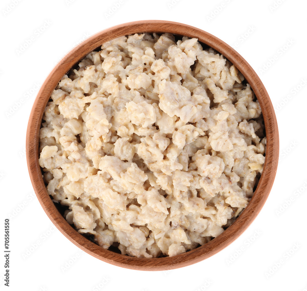 Tasty boiled oatmeal in bowl isolated on white, top view Tasty boiled oatmeal in bowl isolated on white, top view